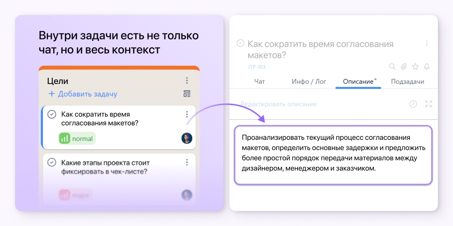 <em>Структура задачи позволяет быстро войти в курс дела &mdash; можно увидеть чат, описание, логи и подзадачи</em>
